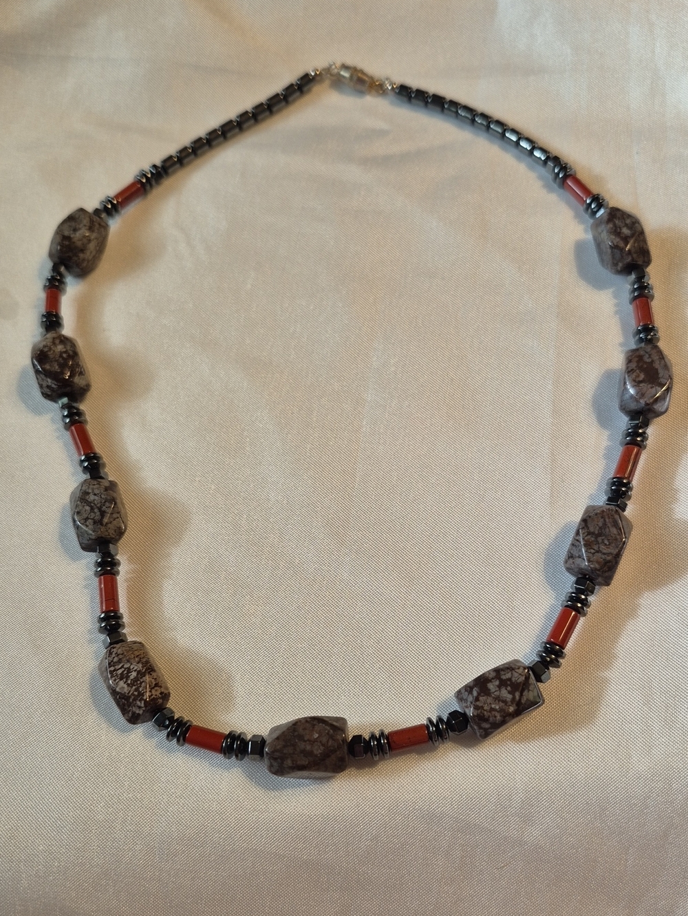 Brown Jasper and Red Coral Tube Beaded Necklace